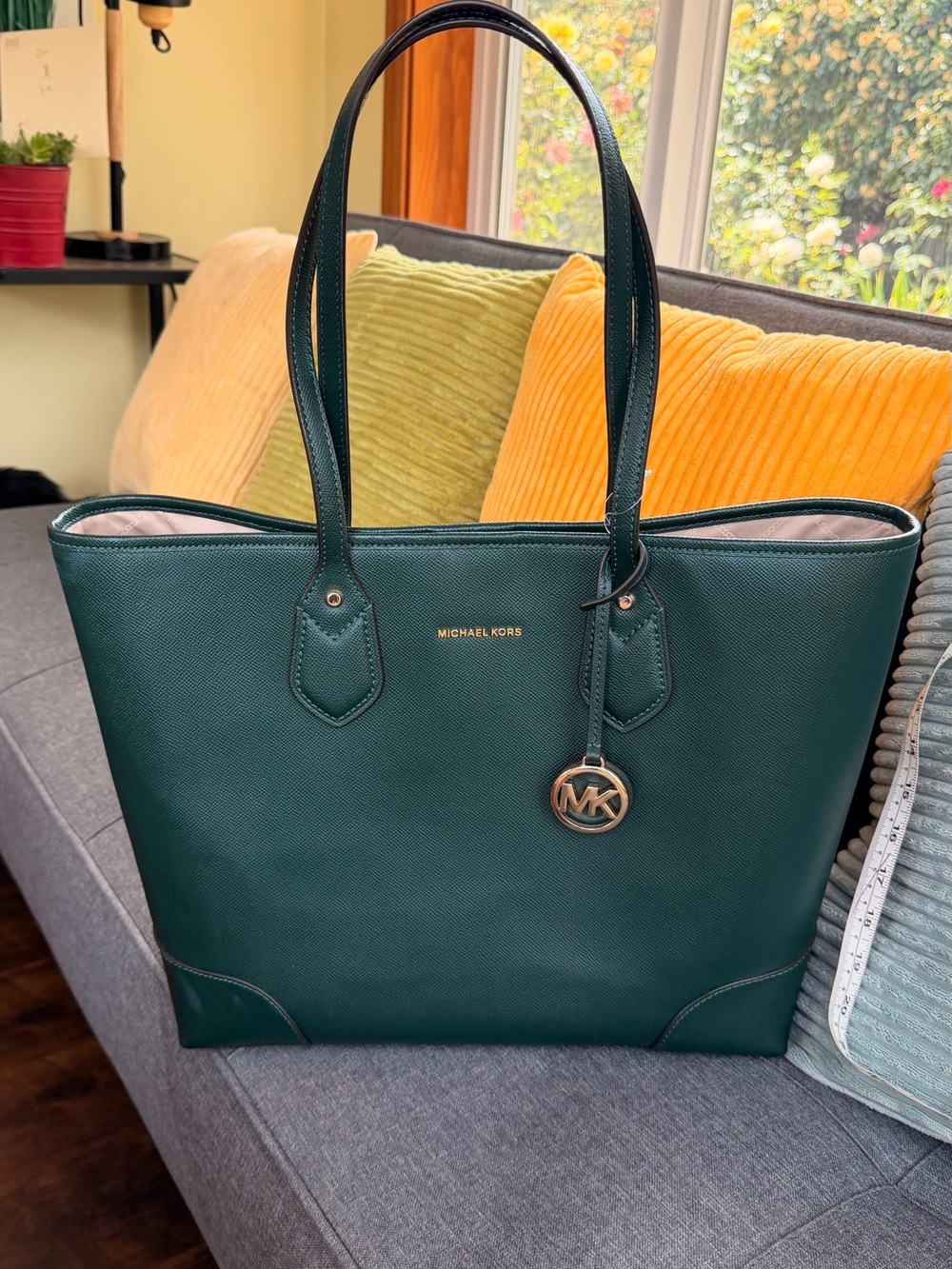 Michael Kors Dark Green Saffiano Leather Tote with Gold Hardware